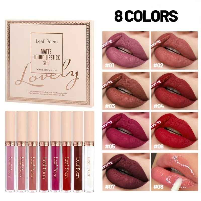 Set of 8 Liquid Matte Lipsticks - Long-Wear, Waterproof, Cup-Proof