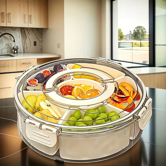Portable Rotating Snack Tray, 6-Compartment Storage Container with Lid