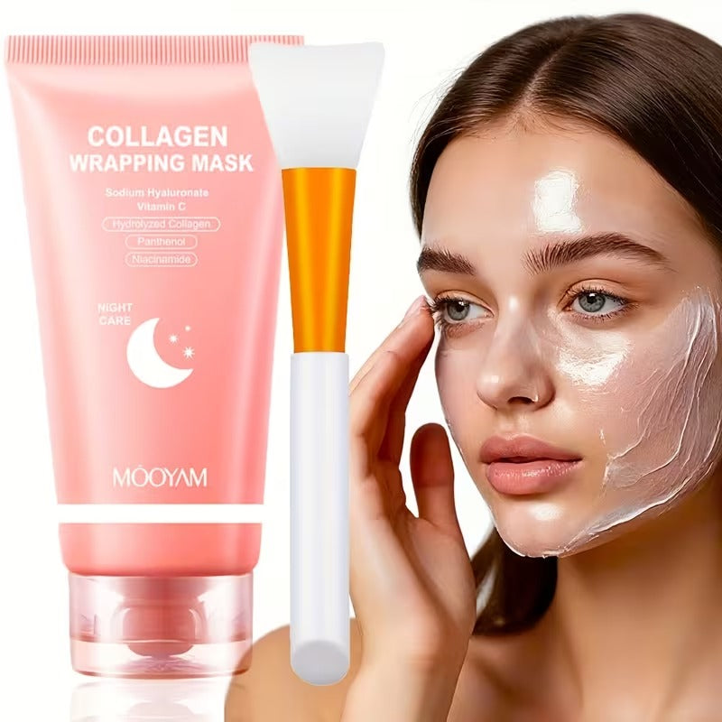 Collagen Night Mask with Brush – Elasticity, Glass Skin Korean Skin Care Formula with Hydrolyzed Collagen, Niacinamide & Vitamin C