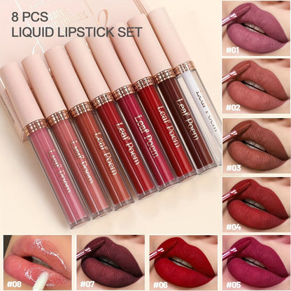 Set of 8 Liquid Matte Lipsticks - Long-Wear, Waterproof, Cup-Proof