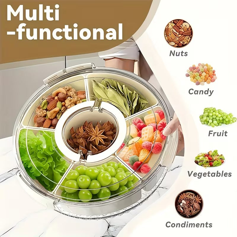 Portable Rotating Snack Tray, 6-Compartment Storage Container with Lid