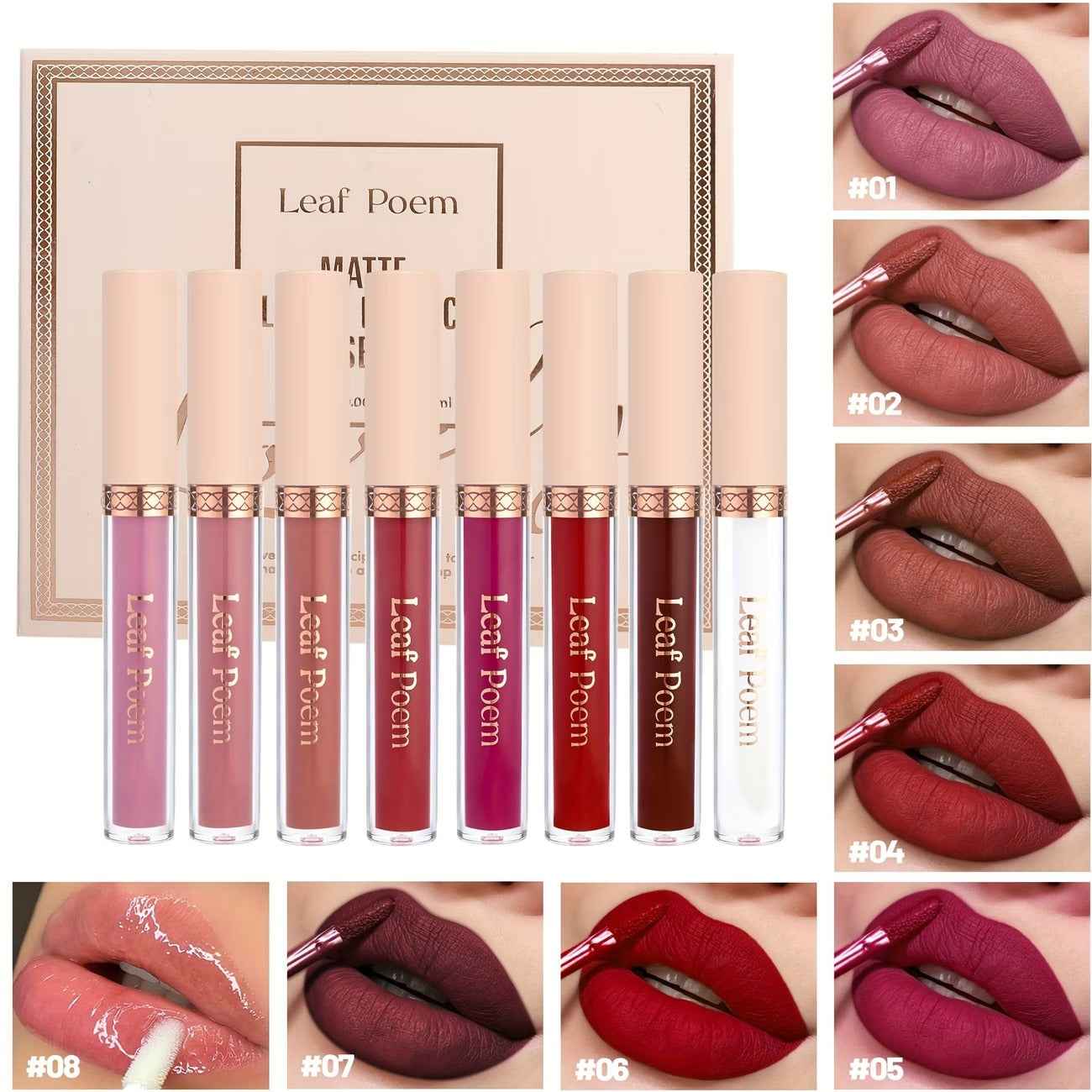 Set of 8 Liquid Matte Lipsticks - Long-Wear, Waterproof, Cup-Proof