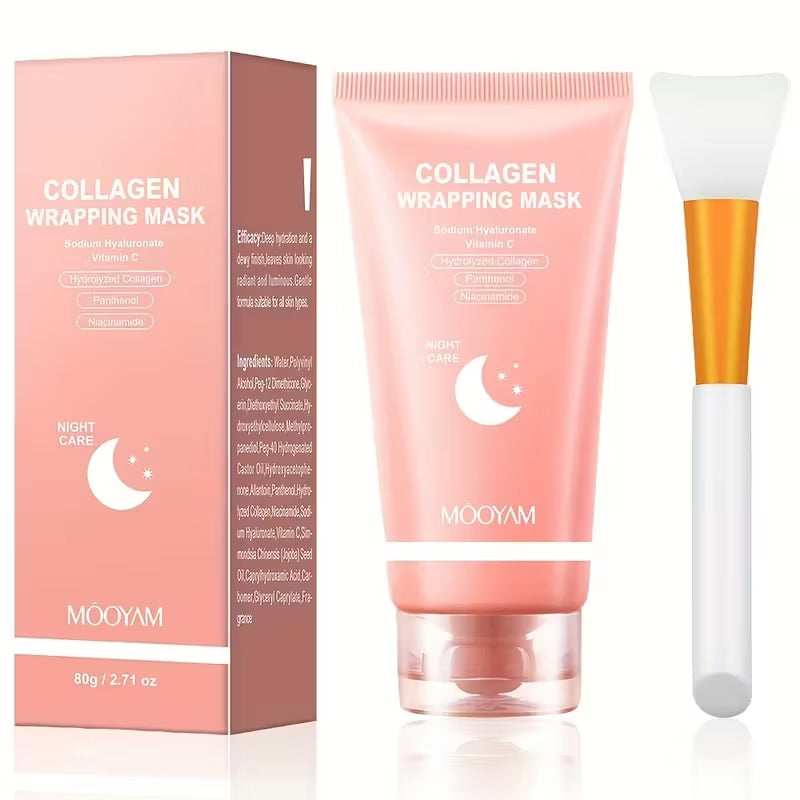 Collagen Night Mask with Brush – Elasticity, Glass Skin Korean Skin Care Formula with Hydrolyzed Collagen, Niacinamide & Vitamin C