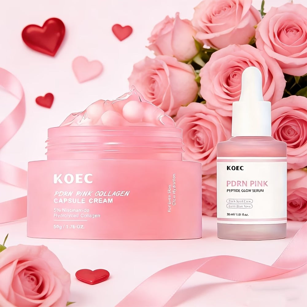 PDRN Pink Glow Serum + Cream with Collagen, Niacinamide And Peptide, Hydrating, Moisturizing and Firming, Uneven Skin Tone