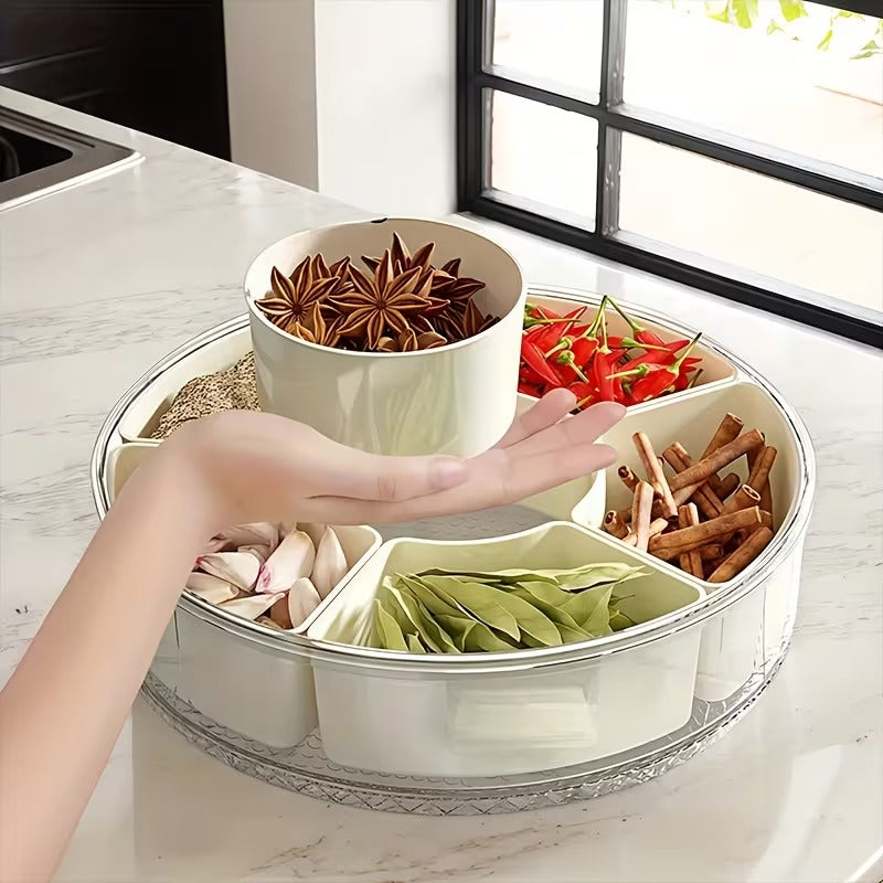 Portable Rotating Snack Tray, 6-Compartment Storage Container with Lid