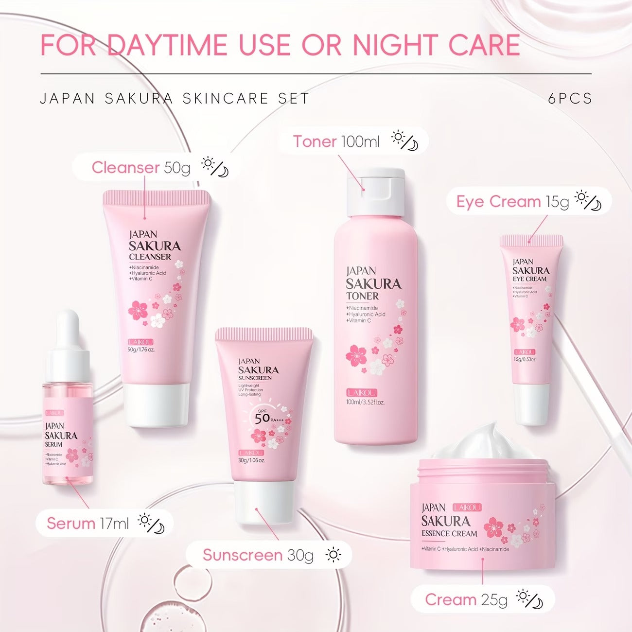JAPAN Sakura Skincare 6-Piece Set – Serum, Cleanser, Toner & Sun Cream with Vitamin C & Niacinamide