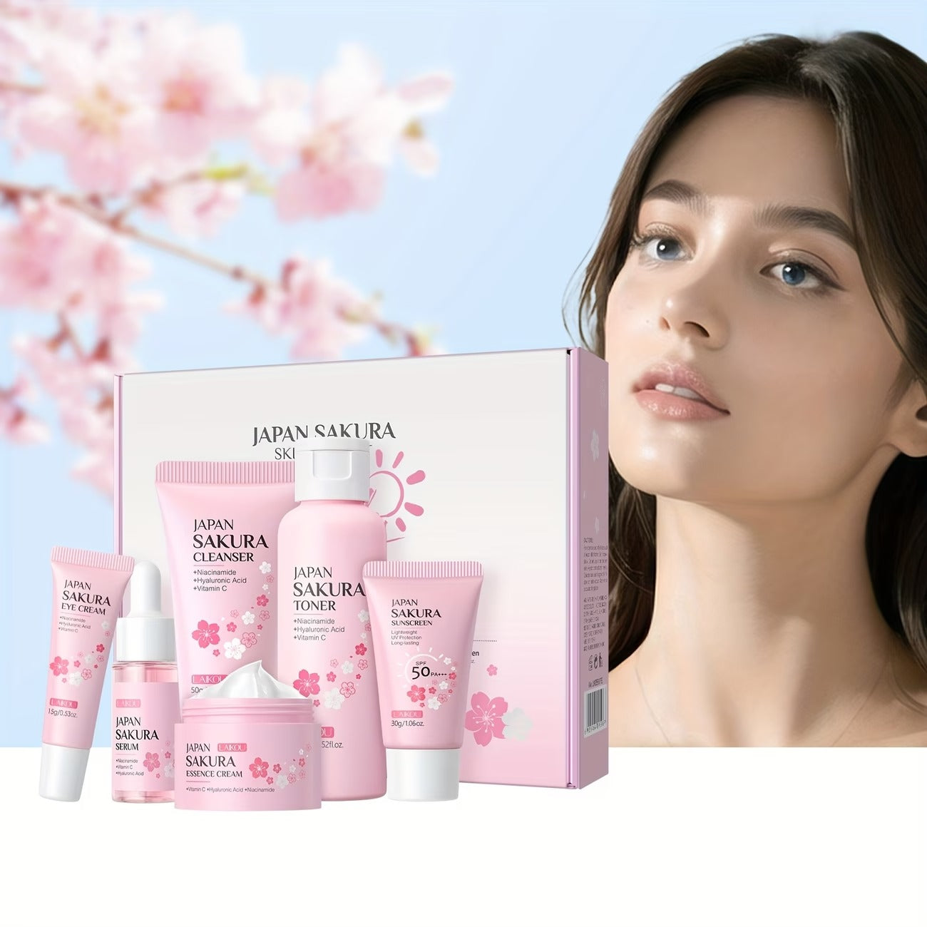 JAPAN Sakura Skincare 6-Piece Set – Serum, Cleanser, Toner & Sun Cream with Vitamin C & Niacinamide