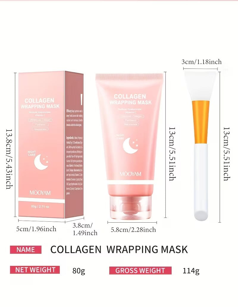 Collagen Night Mask with Brush – Elasticity, Glass Skin Korean Skin Care Formula with Hydrolyzed Collagen, Niacinamide & Vitamin C